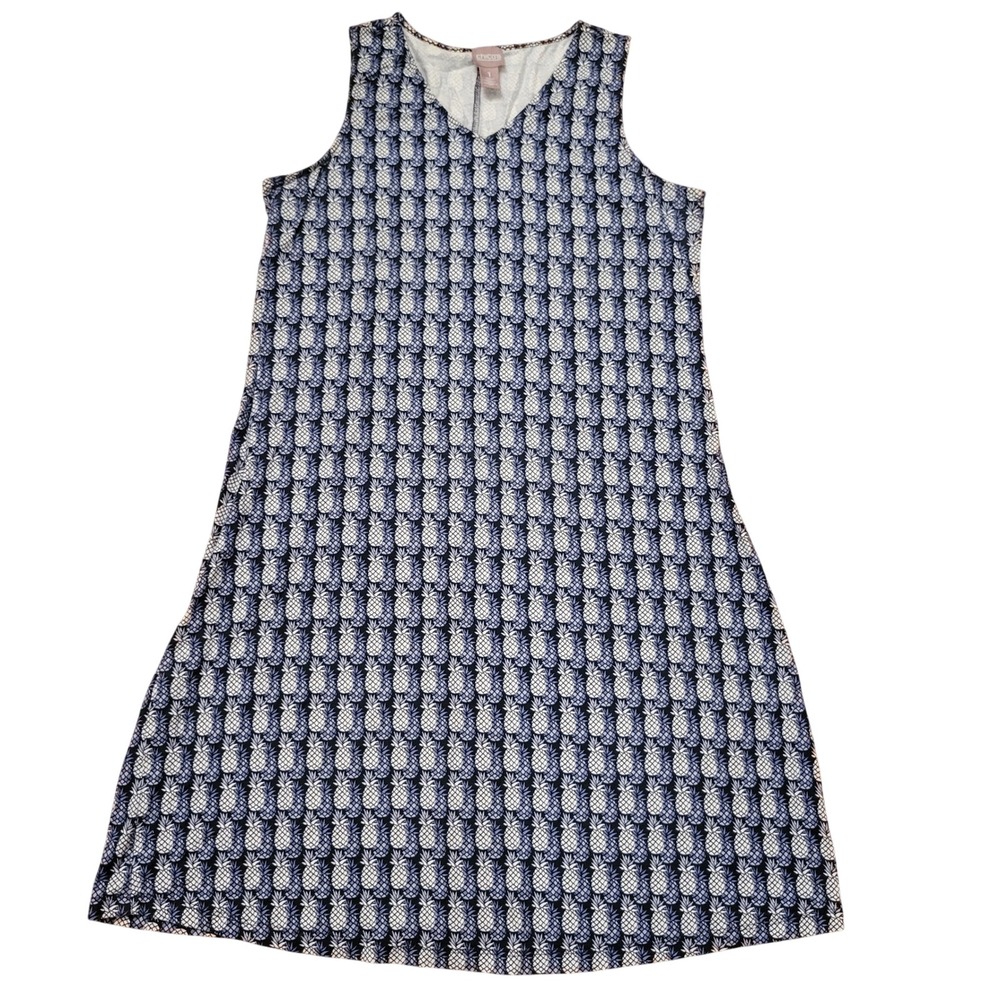 Chicos 1 Shift Dress Blue Pineapple Print V Neck Sleeveless Rayon Stretch 8 10 M